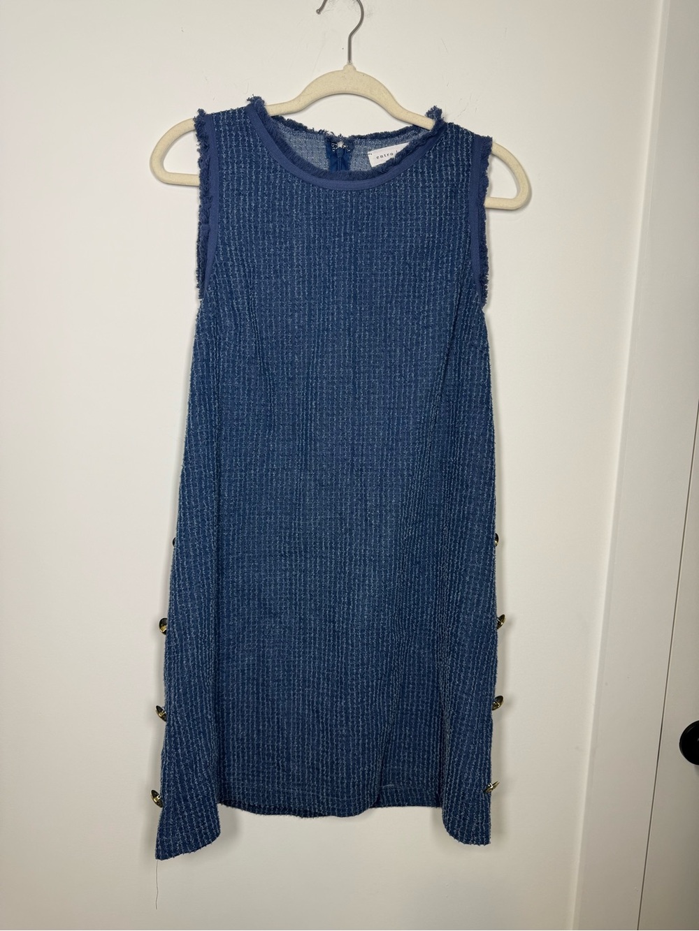 Entro Blue Tweed Shift Mini Dress Gold Buttons Size Small Preppy